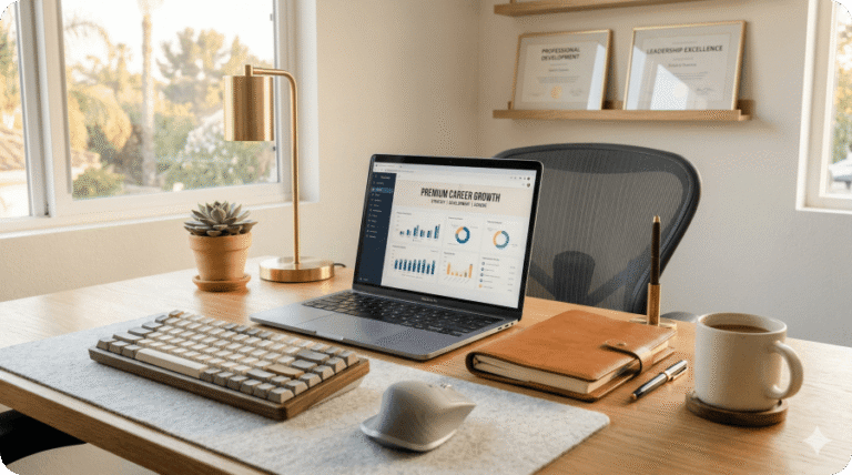 미국 회계·재무 자격증 TOP 10 5 a home office desk with a laptop displaying financial charts, a leather bound planner and a ceramic coffee mug.